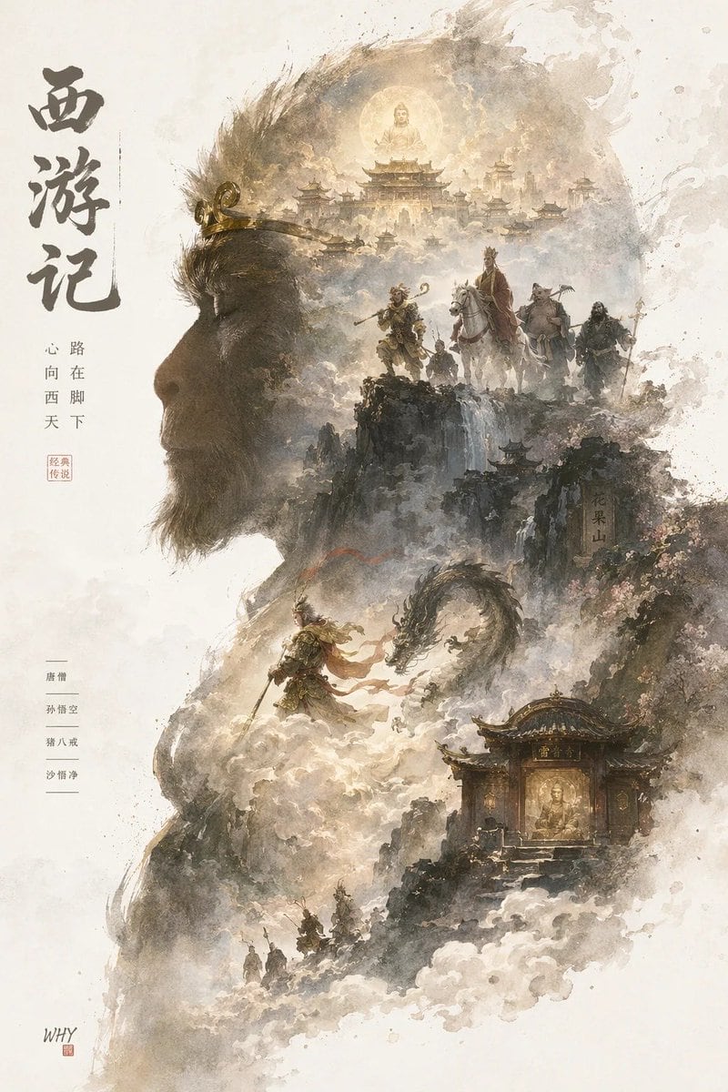 一款创意海报提示词,展现了一个包含整个世界与怀旧风景的人物侧影,采用梦幻般的水彩电影风格渲染。