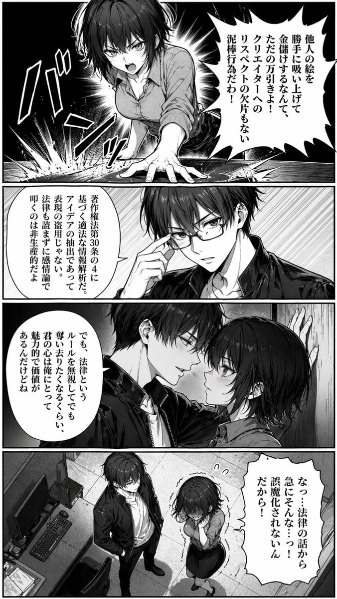 A dramatic black-and-white manga page in a seinen style, rendered with dense screentones, sharp ink lines, high contrast lighting, and expressive Japanese comic layout. The page has 4 sta...