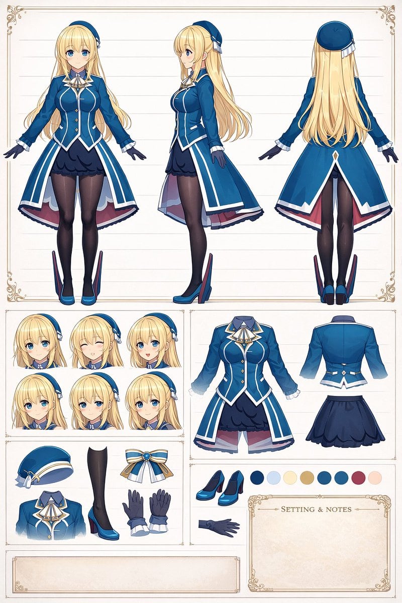 Ready-to-edit anime character reference sheet image prompt.