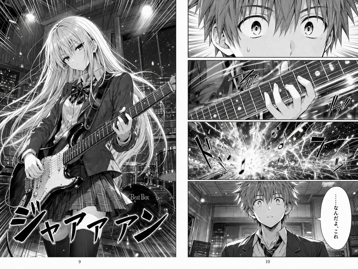 A detailed monochrome manga page showing a high school girl unleashing a stunning guitar performance while a shocked boy reacts, ideal for AI manga storytelling and comic page generation.