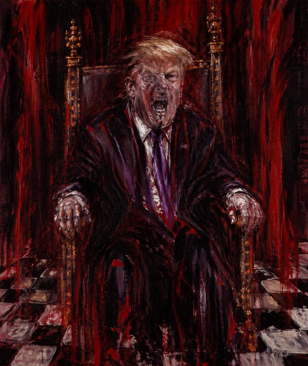 A dark, expressionist oil painting of a seated older man in a business suit, posed front-facing on an ornate high-backed throne with gilded finials and carved armrests. He wears a black o...