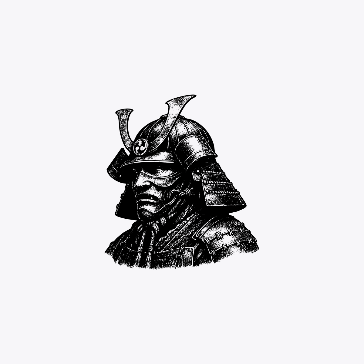 A minimalist monochrome illustration of a traditional Japanese samurai helmet and shoulder armor, shown as a centered bust-length portrait on a plain light gray background. The armor is r...