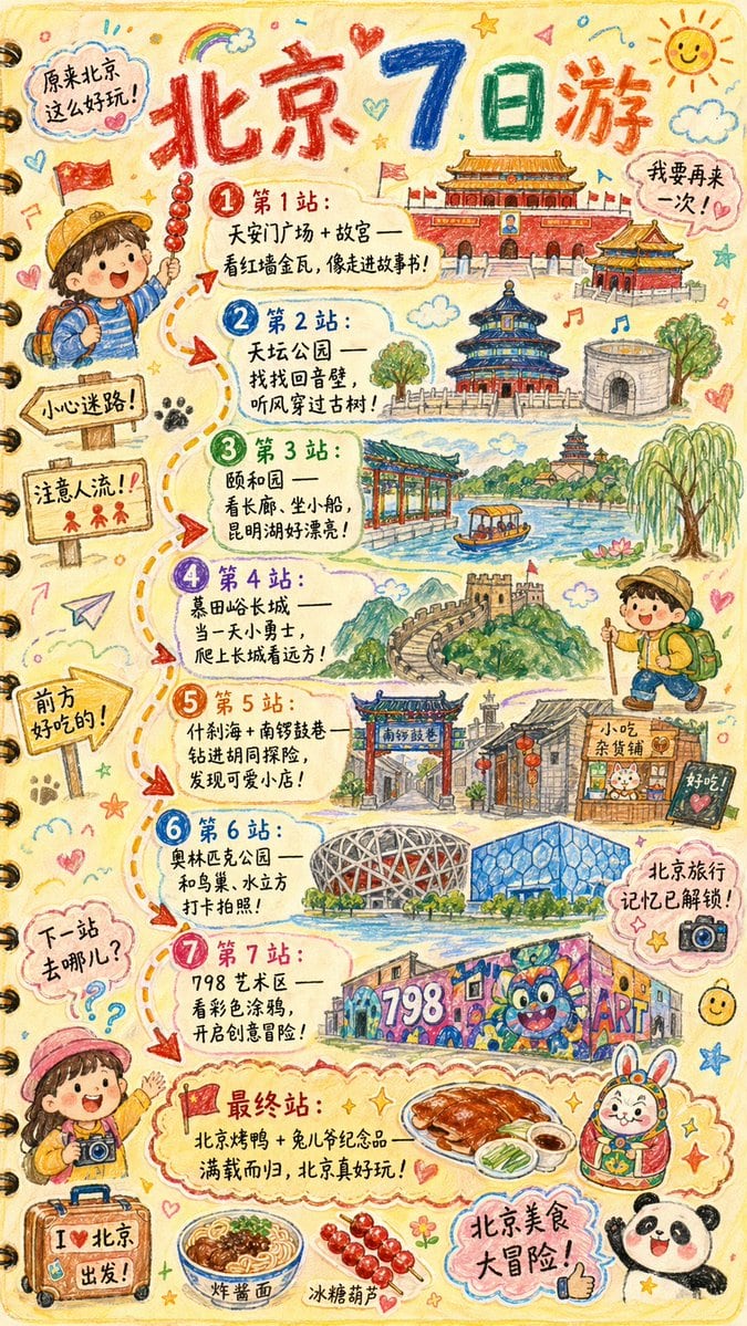 一份详细的提示词,用于创作充满童趣的手绘风格旅行日记插画,支持自定义城市名称、地标和路线。