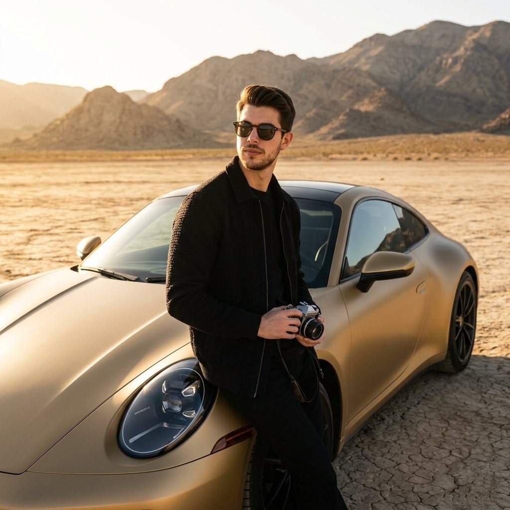 A stylish man standing beside a matte gold luxury sports car (Porsche 911 style) in a vast desert landscape during golden hour. He is wearing a sleek black outfit with a textured jacket a...