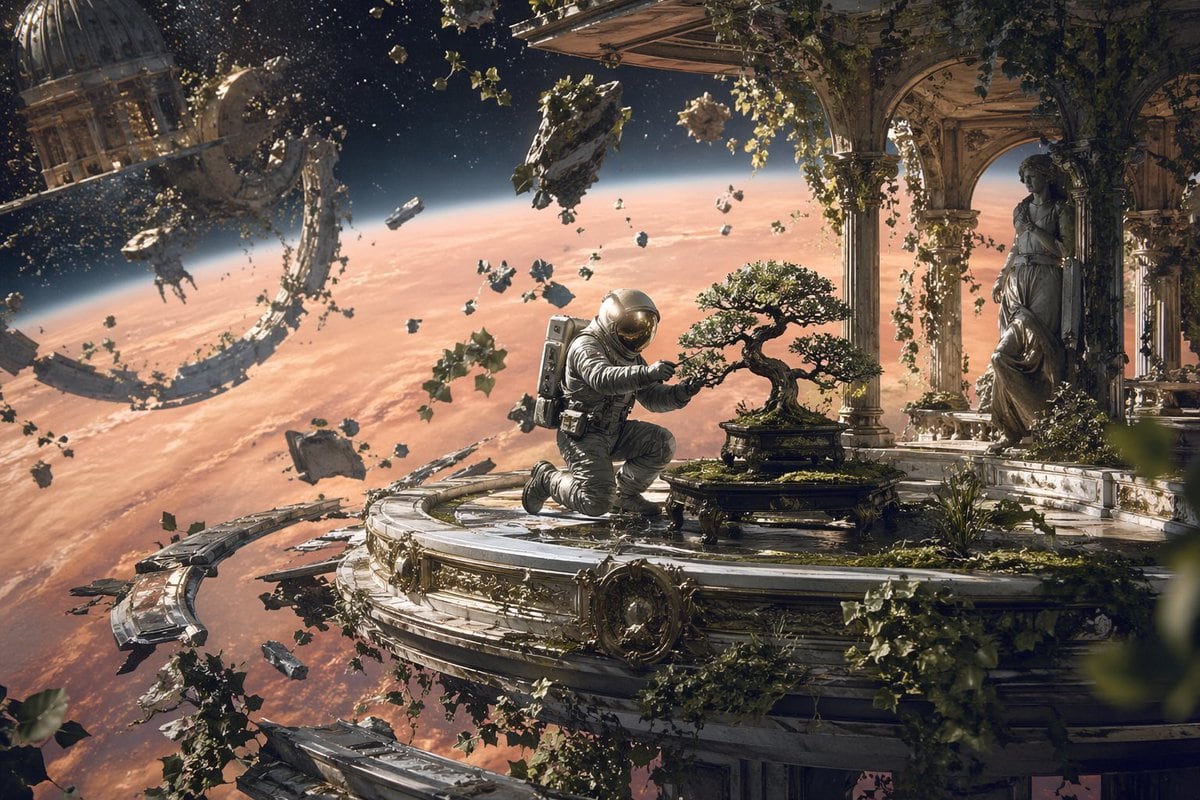 Generates a surreal sci-fi scene of an astronaut interacting with nature on a floating architectural ruin in space.