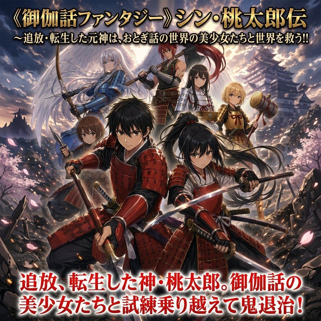 This prompt generates a dramatic ensemble-style anime fantasy cover with seven battle-ready characters, Japanese promotional text, and a polished light-novel or webtoon key visual look.