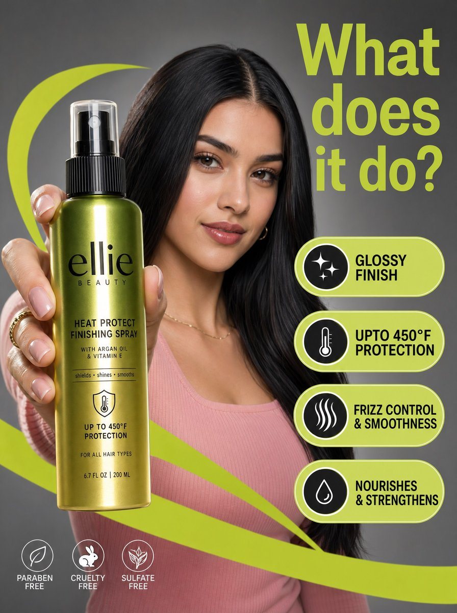 A high-resolution commercial marketing photograph features a young woman with sleek dark hair and a pink ribbed top in a neutral grey studio setting, centered behind a glossy Ellie Beauty...