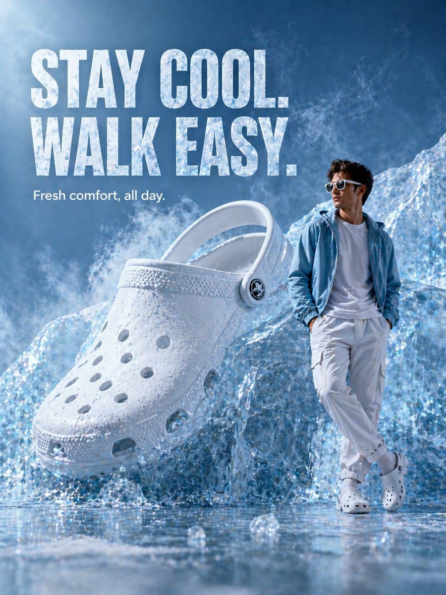 A giant white clog partially embedded in crystal-clear ice, with cool mist around. Model standing casually beside it. Background: icy blue environment Text: “STAY COOL. WALK EASY.” Subtex...