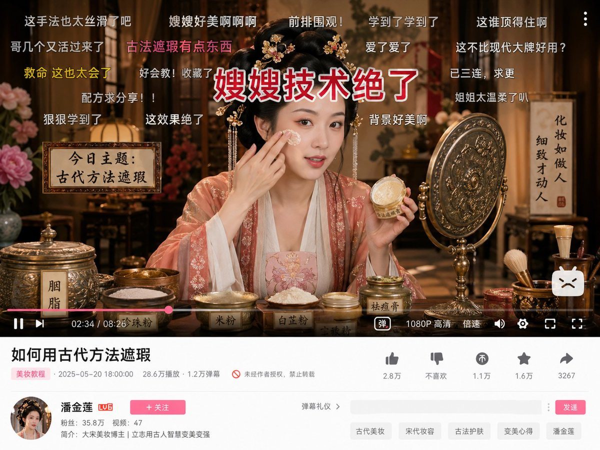 一个创意提示词，将经典文学人物想象成 Bilibili 上的现代美妆博主。