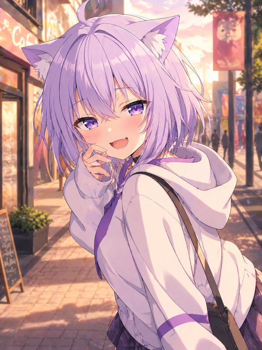 A soft anime illustration of Nekomata Okayu as a catgirl walking through a sunlit city shopping street at golden hour, shown from a close three-quarter back view with her upper body turne...