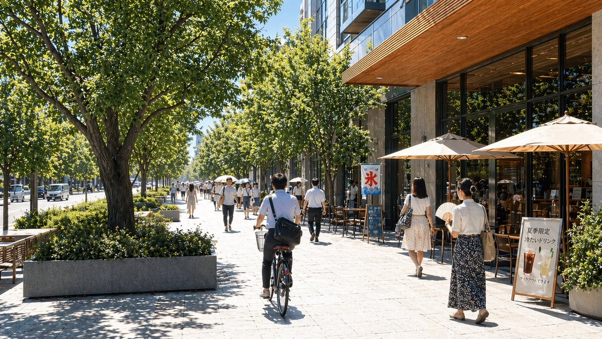 A bright, ultra-realistic summer streetscape in Japan, photographed at pedestrian eye level on a wide, clean urban sidewalk lined with mature green trees casting dappled shadows. The scen...