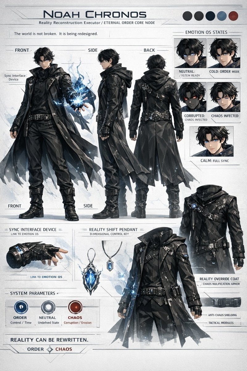Ready-to-edit sci-fi anime character reference sheet image prompt.
