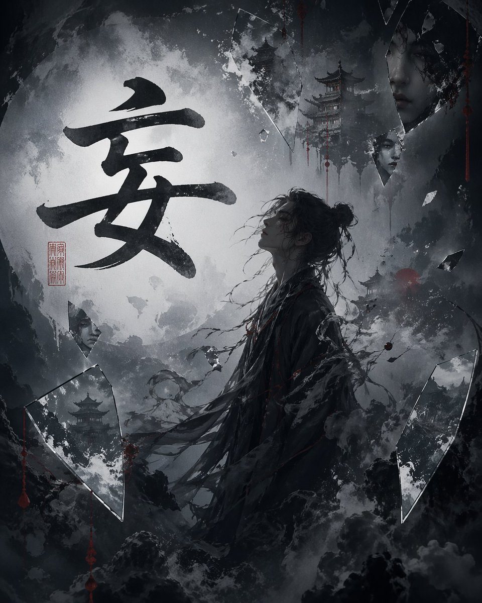 此提示词可生成一张充满意境的水墨奇幻海报，包含巨大的汉字、孤身长袍客、宝塔以及破碎的镜面碎片，非常适合用于氛围感概念艺术或封面图像。