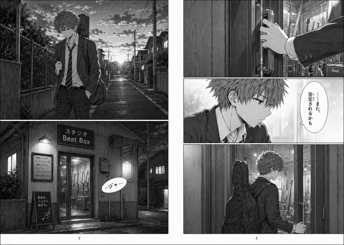 A detailed two-page monochrome manga scene showing an anxious schoolboy with a guitar case approaching and entering a rehearsal studio, ideal for dramatic AI manga storytelling.