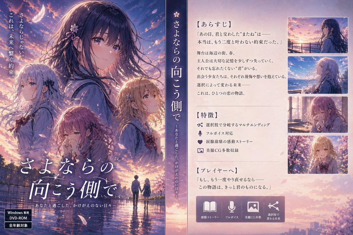 Create a Japanese bishoujo game promotional poster in the style of a premium visual novel box cover and store page composite. The image is split into three vertical areas. The left two-th...
