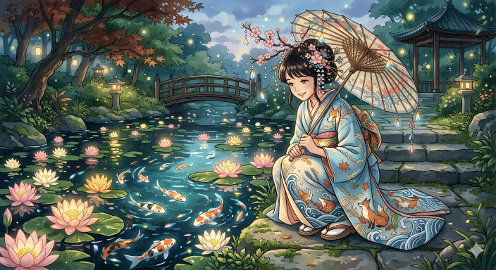 此提示词可生成浪漫奇幻风格的日式庭院场景，包含身着和服的女子、锦鲤池、莲花以及暮色中闪烁的氛围感，适用于装饰插画或壁纸。
