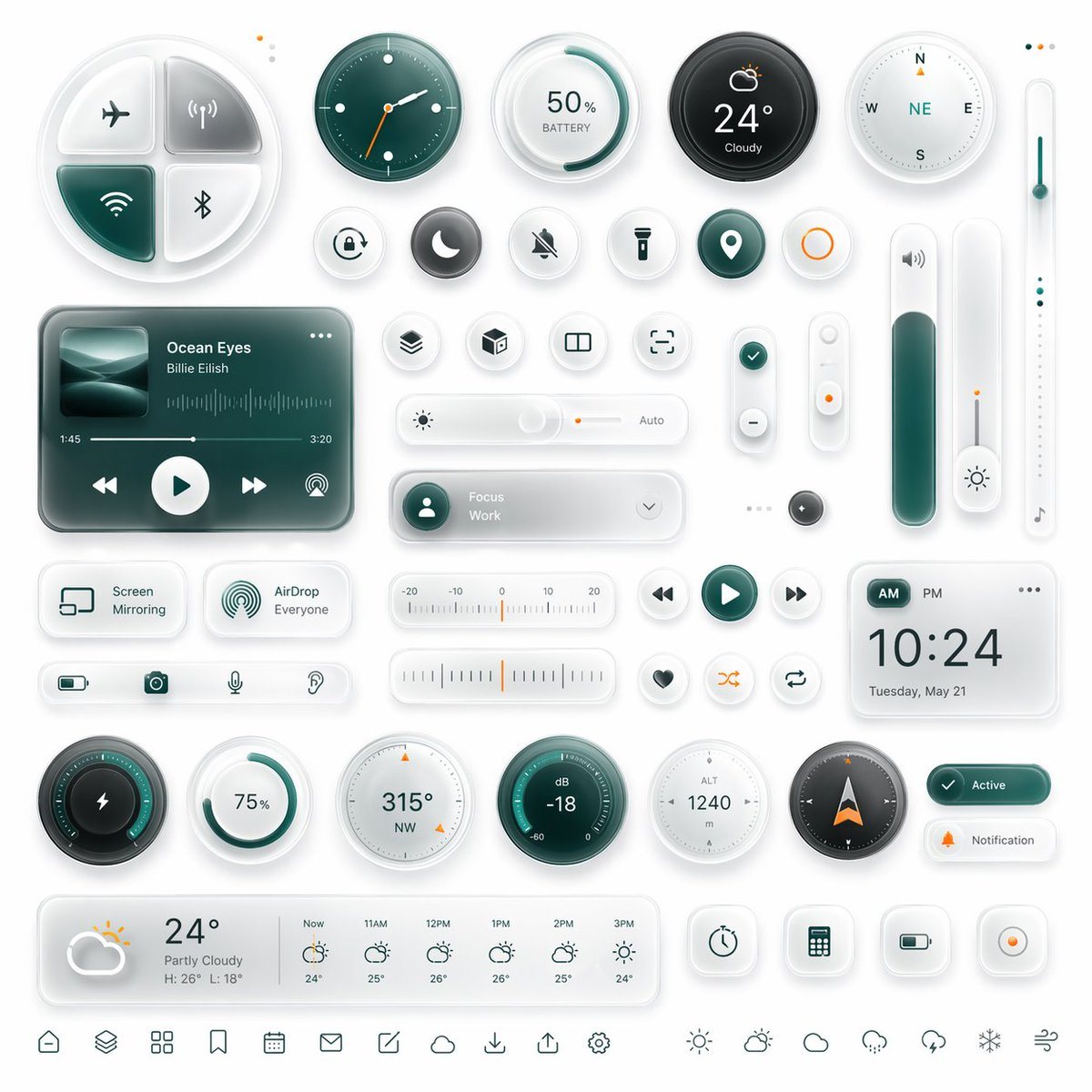 Ready-to-edit glassmorphism neumorphic smart dashboard UI kit image prompt.