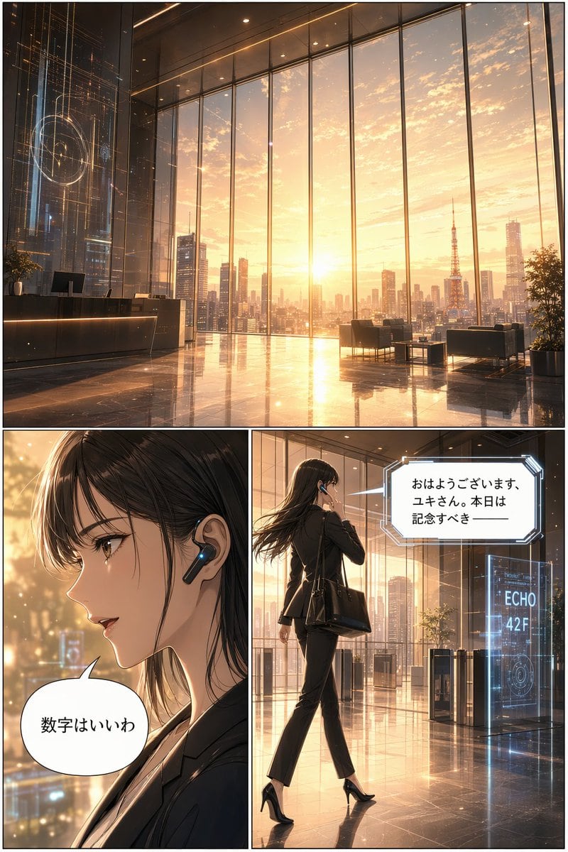 Generates a 3-panel anime-style comic page featuring a futuristic corporate lobby and a businesswoman interacting with an AI earpiece.