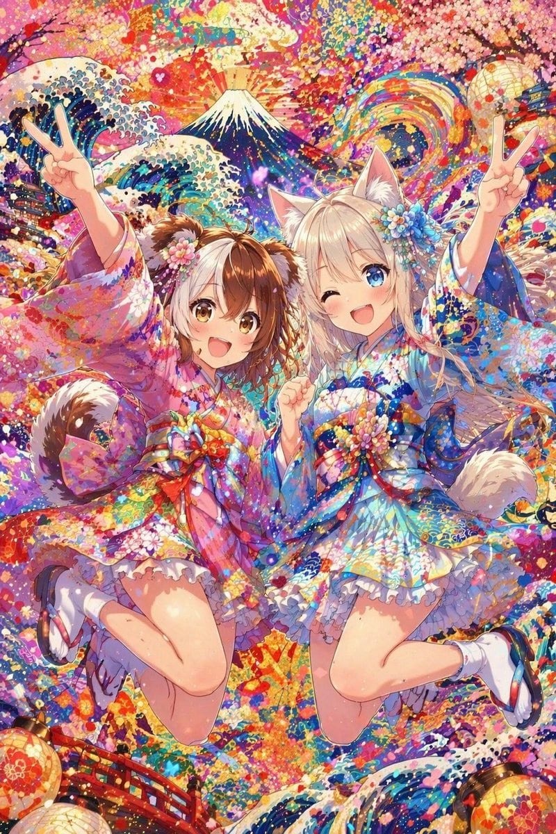 一幅充满活力的动漫风格祭典艺术作品，描绘了两位身着彩色和服、长着动物耳朵的少女在浓郁的日式幻想背景下欢快跳跃的场景，非常适合作为庆典角色艺术或引人注目的社交媒体插图。