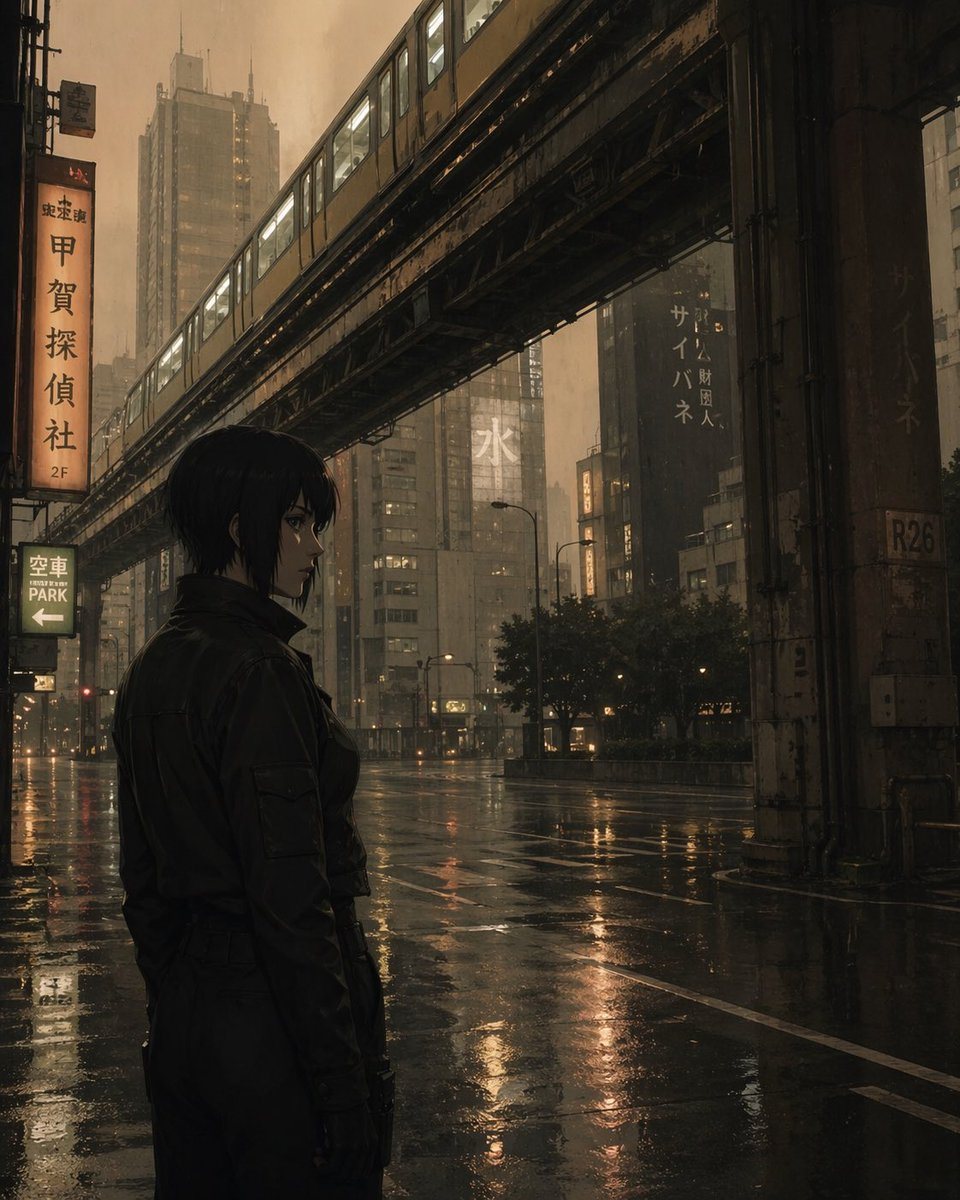 Generates a cinematic illustration of a character in a rainy, dystopian city setting.