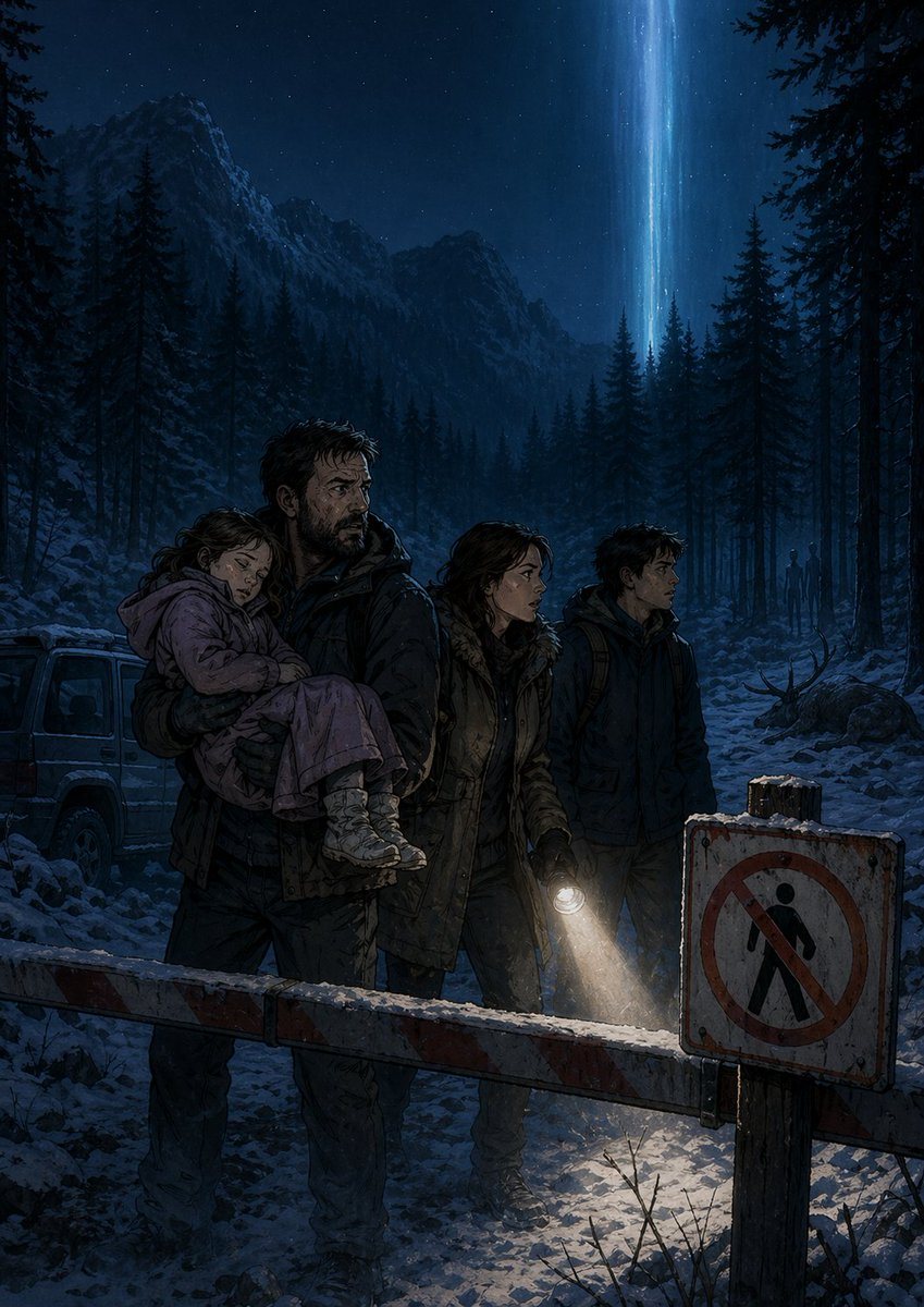 A dark, cinematic graphic-novel style book cover illustration set in a snowy mountain forest at night, with a cold blue palette and dramatic vertical composition. In the foreground, 4 hum...