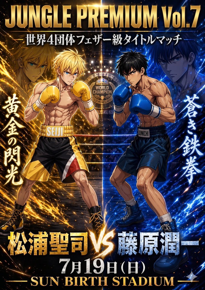 A dramatic Japanese boxing match poster in a polished anime illustration style, vertical composition, split straight down the center into warm gold on the left and electric blue on the ri...