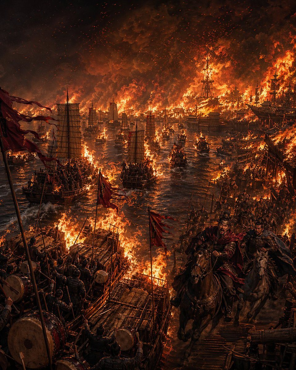 A monumental cinematic historical painting of the Battle of Red Cliffs at night, showing an entire ancient Chinese river fleet consumed by fire. The composition is a tall vertical frame v...