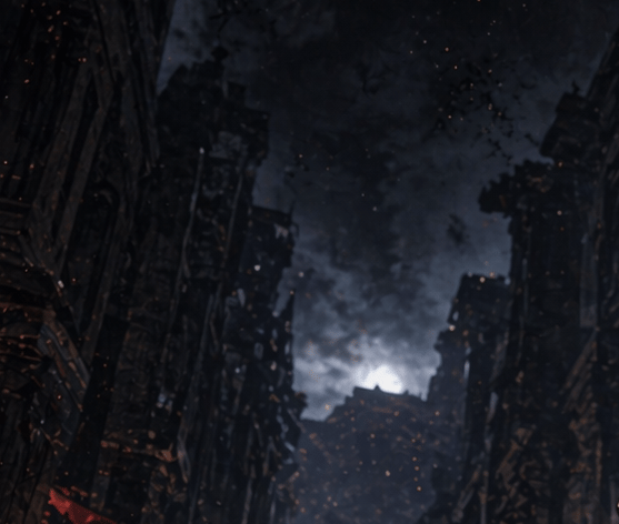 A dark, apocalyptic city street at night, viewed from ground level looking upward through a narrow canyon of ruined tall buildings on both sides. The architecture is heavily damaged and p...