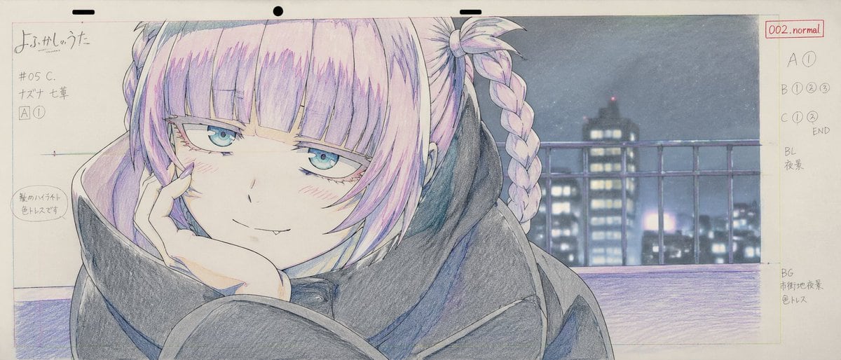 Generates a traditional anime key animation layout sheet with handwritten production notes and a colored character drawing.
