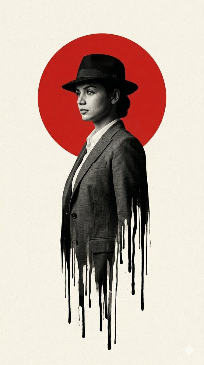 Create a minimalist vertical art poster featuring a single man in clean side profile facing left, shown from about mid-thigh upward, wearing a tailored dark suit jacket, crisp white shirt...