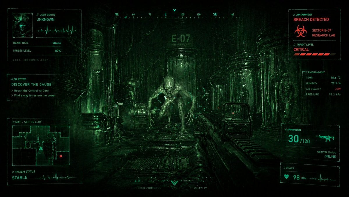 Ready-to-edit cinematic sci-fi horror FPS HUD screen image prompt.