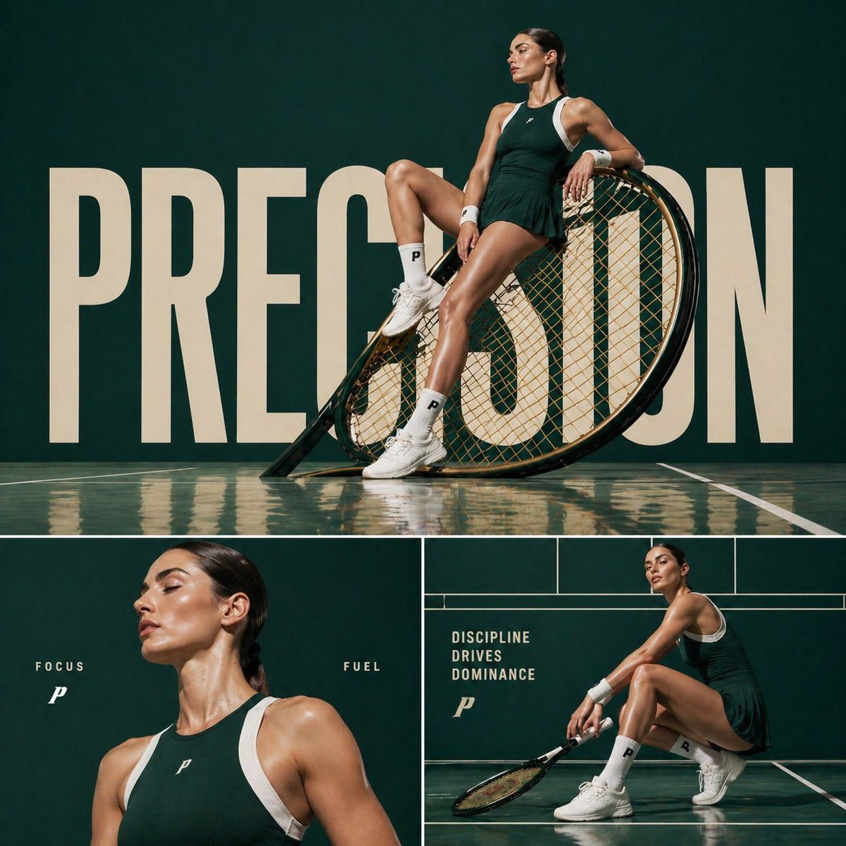 A layout prompt for a three-panel sports fashion collage with consistent lighting and branding elements.