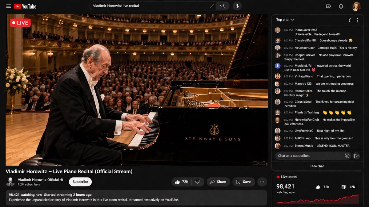 Vladimir Horowitz performs a live piano recital streamed on YouTube