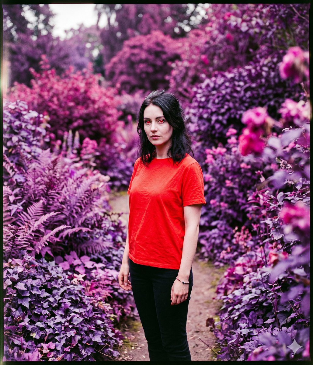 This prompt generates a surreal medium-format portrait of a woman in a vivid red shirt standing in a lush garden transformed into magenta and purple false-color film tones, ideal for cinematic editorial or experimental photography.