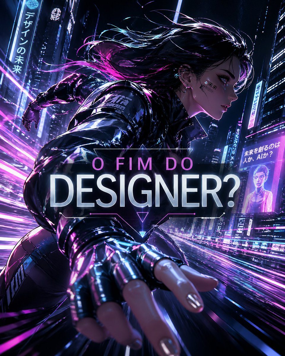 A cinematic cyberpunk poster in vertical 9:16 format showing a dynamic low-angle action shot of a futuristic female designer sprinting through a neon megacity at night, reaching one hand...