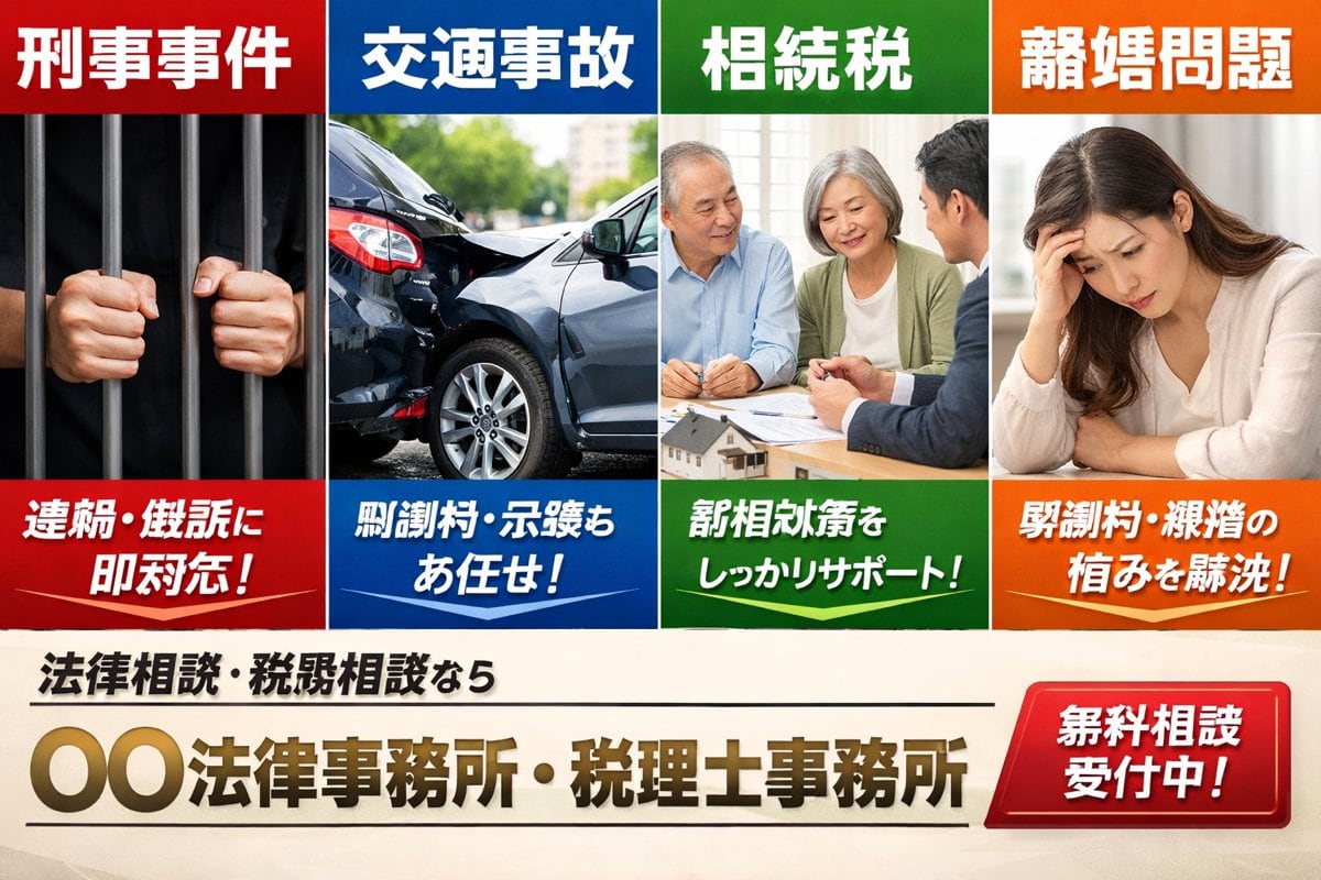 A Japanese listing-ad style landing page hero banner for a fictional law office and tax accountant office, designed like a bold web advertisement with four equal vertical panels across th...