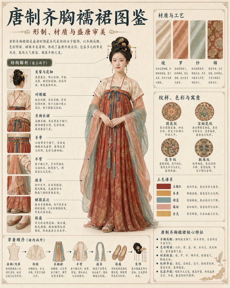 A highly detailed, multi-section infographic illustrating the structure, materials, and wearing sequence of traditional historical attire.
