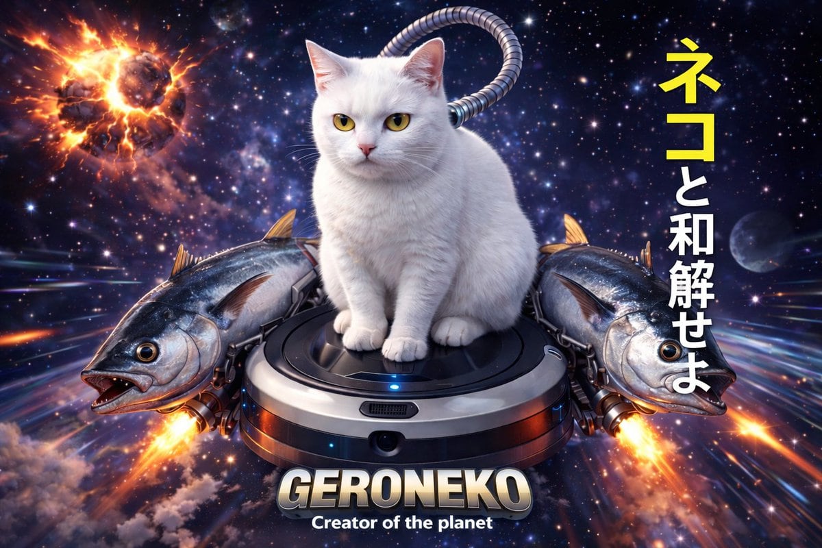 A surreal, highly detailed sci-fi digital illustration of a white cat with bright yellow eyes sitting on a black and silver robot vacuum cleaner flying through outer space. The cat has a...