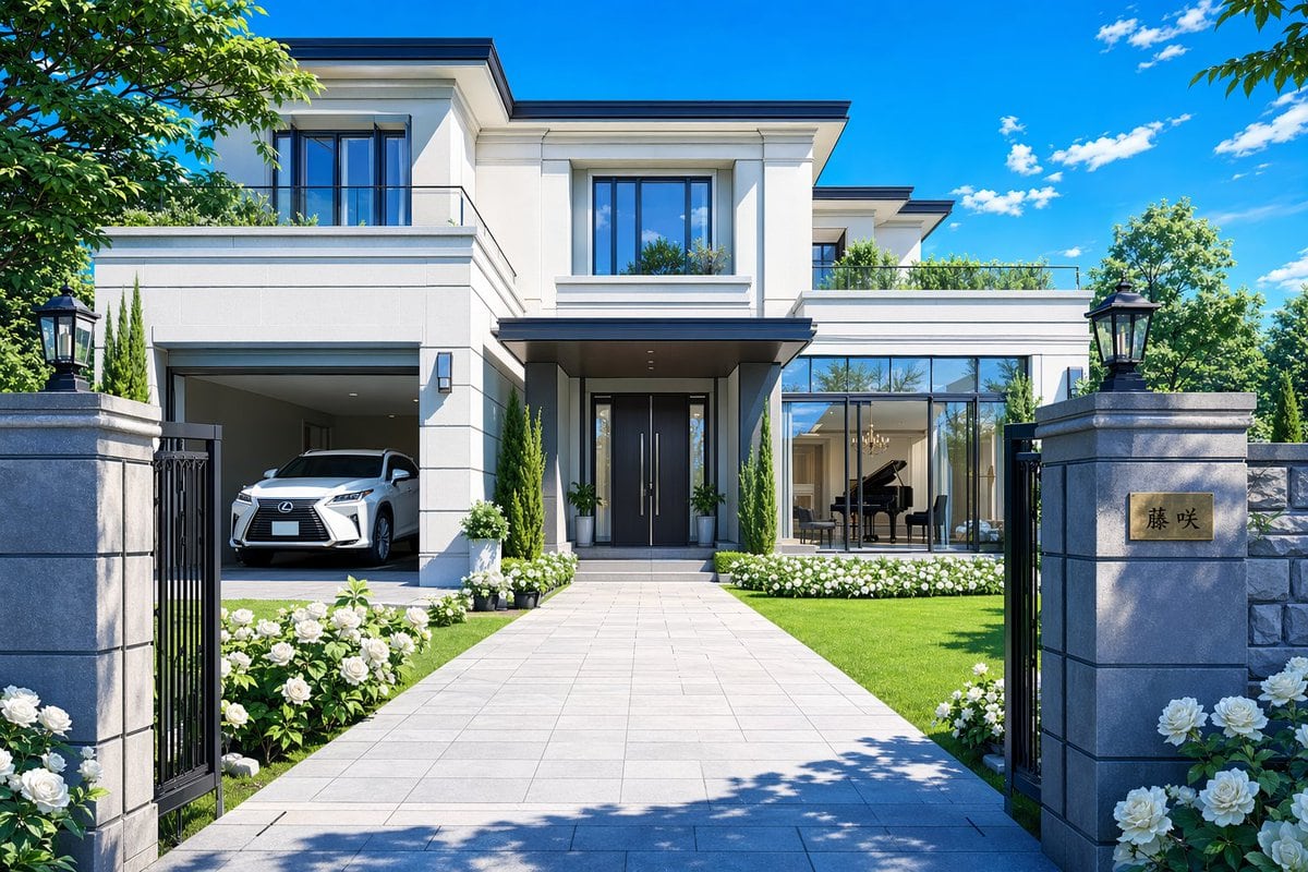 A photorealistic architectural exterior rendering of a large modern luxury family house viewed straight on from the front gate, perfectly centered and symmetrical. The house is a two-stor...