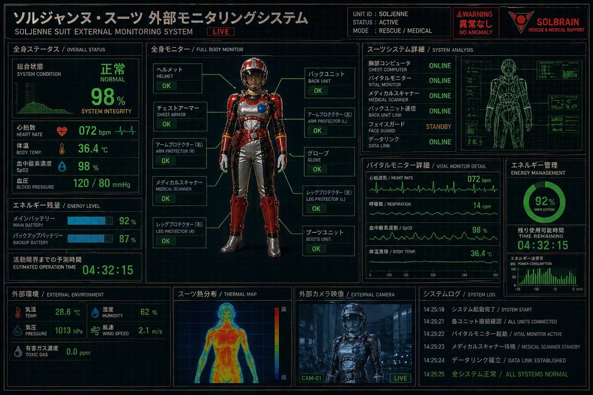 赤い装甲のレスキュースーツを映し出した、詳細な SF ダッシュボードポスター。日本語と英語のバイリンガルステータスパネルを備えており、映画のようなコントロール画面インターフェースやメカサポートシステムのビジュアル生成に最適です。
