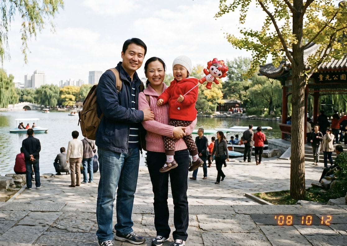 A candid-looking consumer digital camera photo from around 2008, showing a three-person Chinese family posing in a public park in Beijing on a mild sunny day. The father stands on the lef...