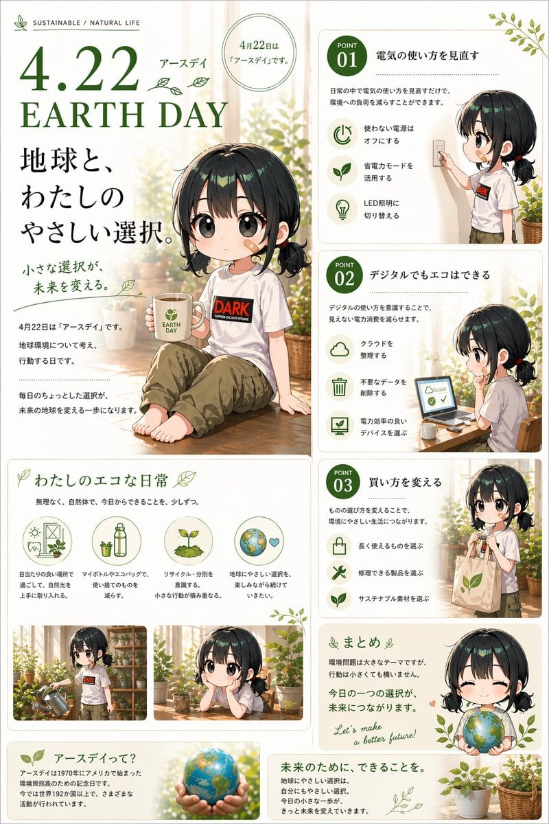 一张柔和的绿色日式信息图海报，包含可爱的 Q 版动漫女孩和多个生态生活方式板块，非常适合地球日宣传活动和可持续生活视觉展示。