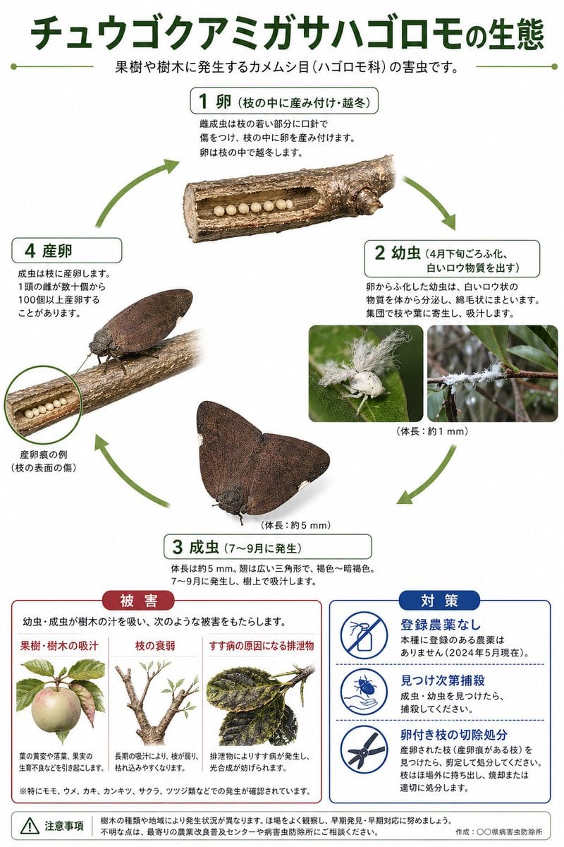 A clean Japanese agricultural infographic poster showing the lifecycle, damage, and control measures of a planthopper pest for educational or extension-office use.