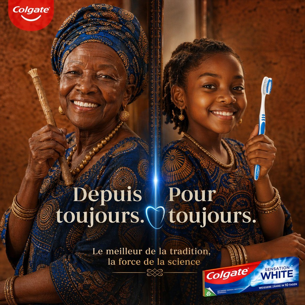 Luxury advertising poster for Colgate Sensation White, split vertically into two mirrored halves by a narrow ornate mirror with a bright blue glow at the center. On the left side, an elde...
