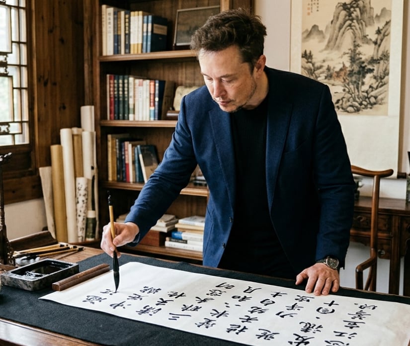 A realistic editorial-style photograph of Elon Musk standing at a scholar’s writing desk in a traditional Chinese study, leaning forward and writing Chinese calligraphy with a brush on a...