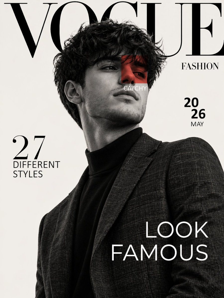 Create a high fashion editorial magazine cover inspired by luxury fashion publications. Use the reference image of the male subject. Black and white portrait photography with a clean off...