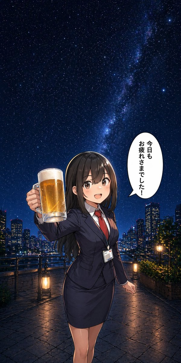 A polished anime-style night illustration in a tall 1:2 vertical composition. A young Japanese office lady stands on a riverside promenade at night, facing the viewer, offering a large gl...