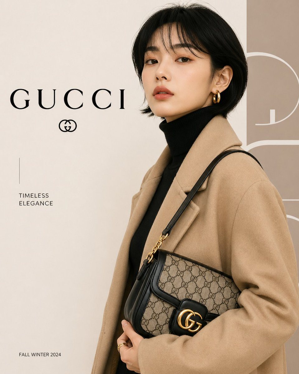 A minimalist luxury fashion advertisement poster for GUCCI, editorial studio photography on a soft warm beige background with a clean high-end magazine layout. Show a stylish woman from a...