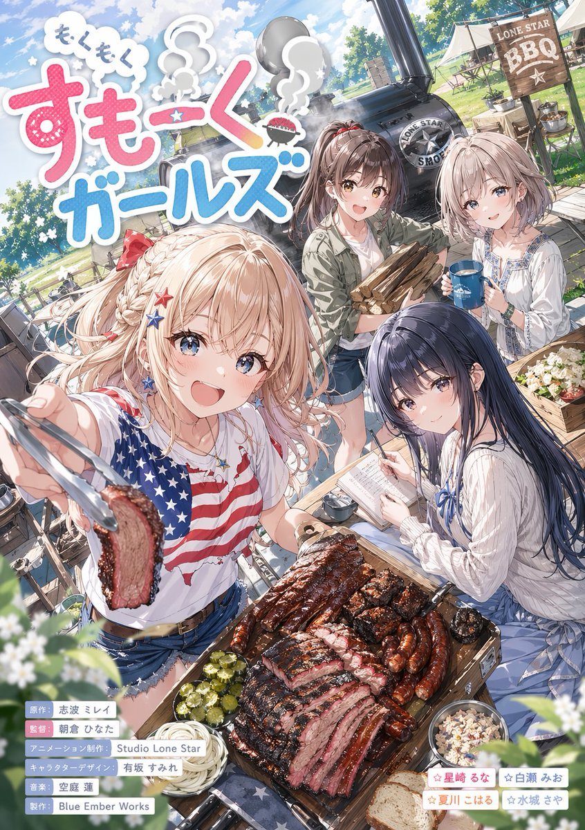 Generates a vibrant anime-style promotional poster featuring four girls at an outdoor BBQ with prominent text overlays.