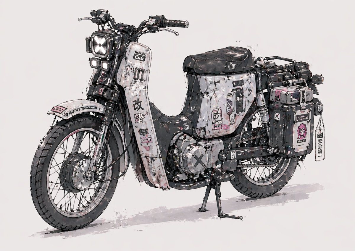 A highly detailed concept illustration of a customized vintage step-through motorcycle inspired by a Honda Super Cub, shown in a clean studio-like three-quarter left side view on a plain...